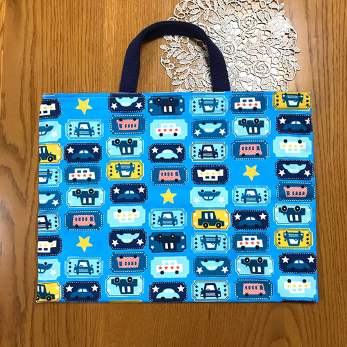 ハンドメイド レッスンバッグ 上履き入れ 巾着 のりもの 車 青 男の子