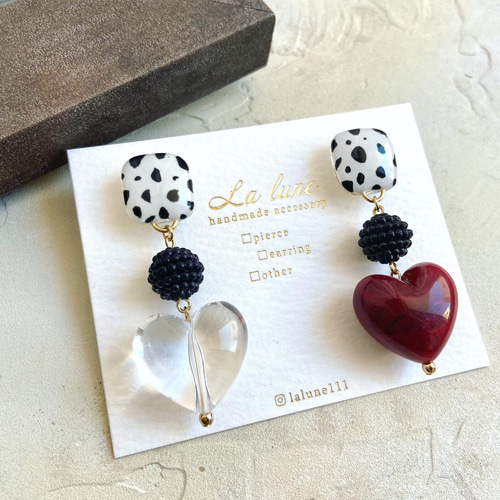 秋♡ふっくらワインレッド、クリアハートとダルメシアンなスクエア  