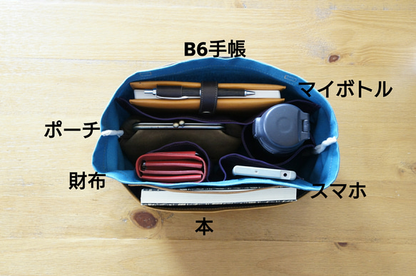 bag in bag＊ターコイズブルー&＊パープル/帆布&レザー/ボトルホルダー付き/ポケット/サブバッグ/送料無料 4枚目の画像