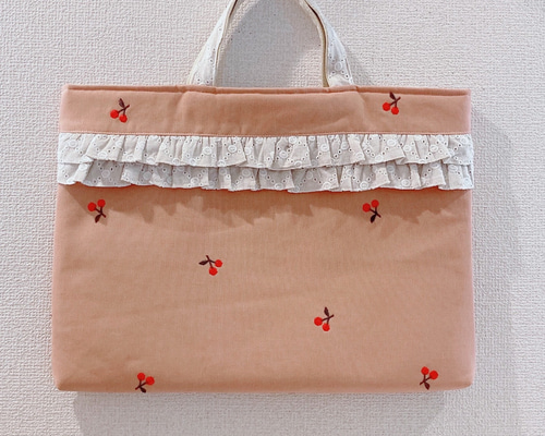 レッスンバッグ お布団バッグ　ヌビ　さくらんぼ刺繍　ハート刺繍 レッスンバッグ お布団バッグ ヌビ さくらんぼ刺繍 ハート刺繍