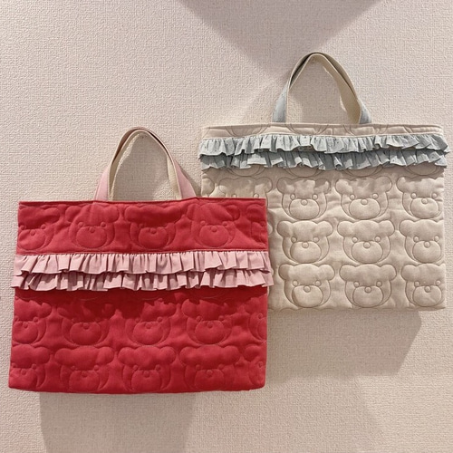 レッスンバッグ　巾着袋　　　くまさんキルト　　　　　通園バック　　　ハンドメイド くまフェイスのレッスンバッグ | Haruhi Made