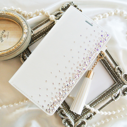 手帳型iPhone17pro,16,15,14他全機種スワロフスキー2色オーロラ