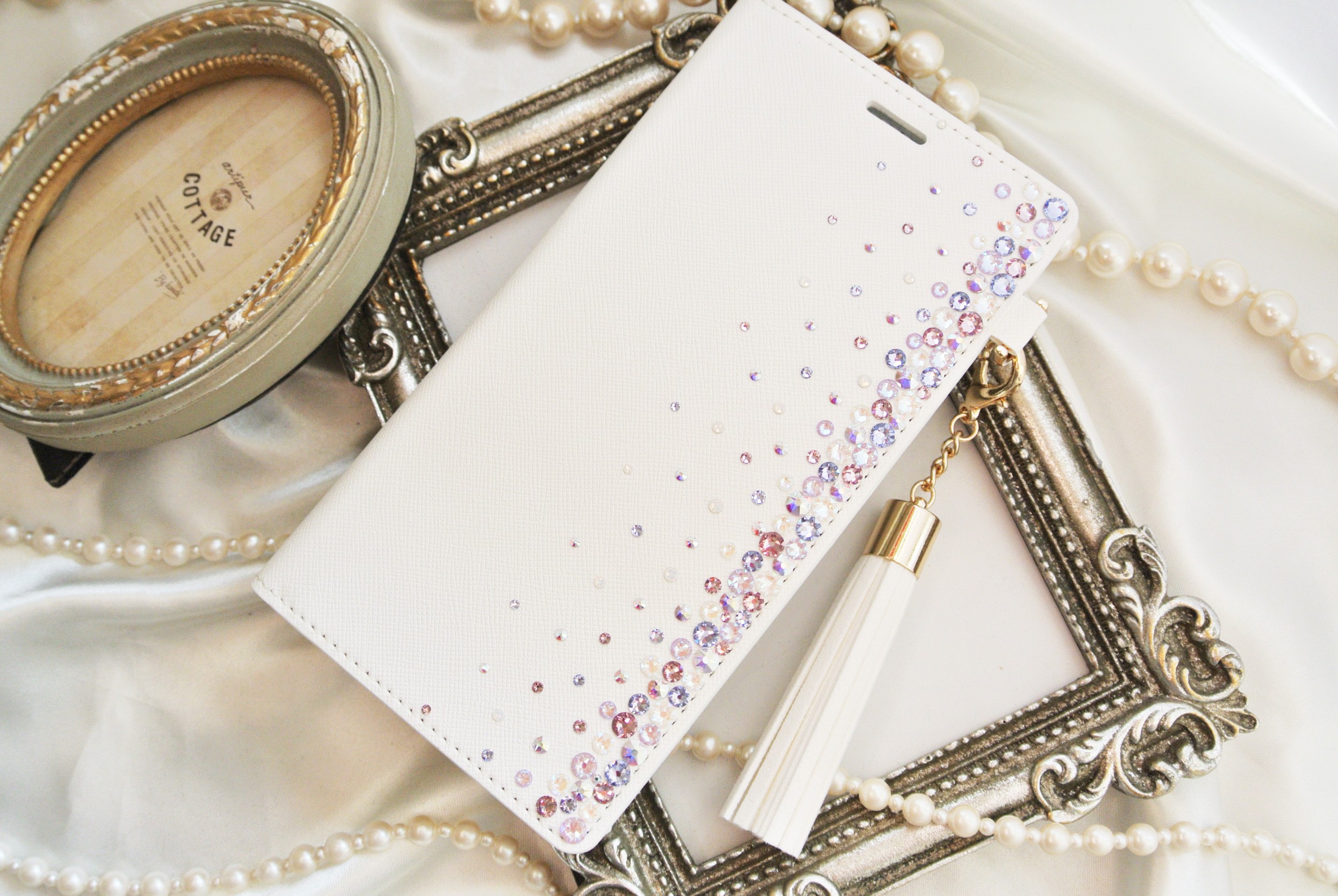 手帳型iPhone17pro,16,15,14他パープルオーロラ系スワロフスキーポイントデコレーションスマホケースカバー