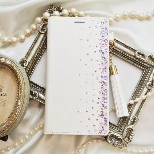 手帳型iPhone16pro,15他 パープル・オーロラ系 スワロフスキー  