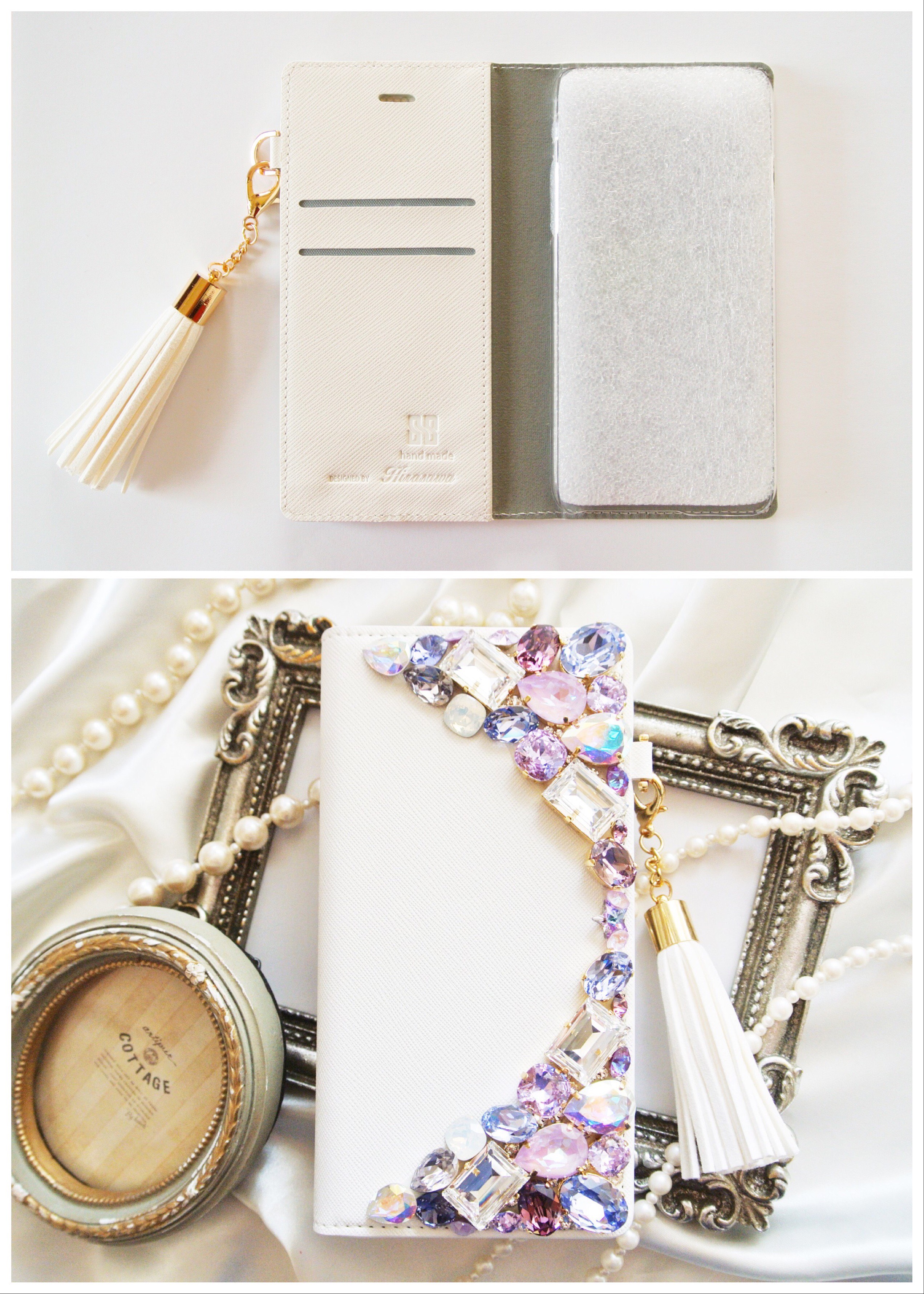 手帳型 iPhone17pro,Max16,15,14他スワロフスキーデコレーションケースパープル系ビジュースマホカバー