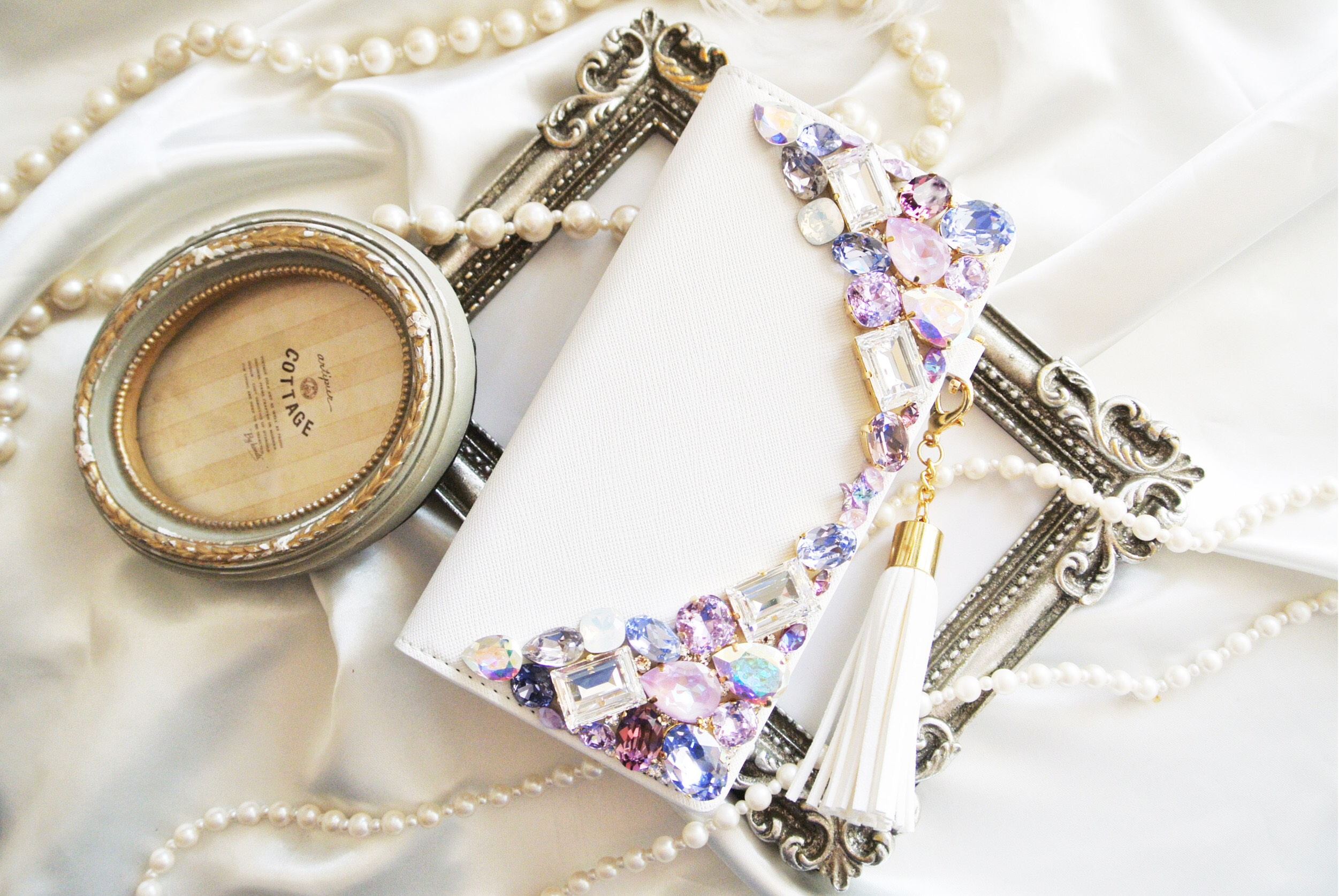 手帳型 iPhone17pro,Max16,15,14他スワロフスキーデコレーションケースパープル系ビジュースマホカバー