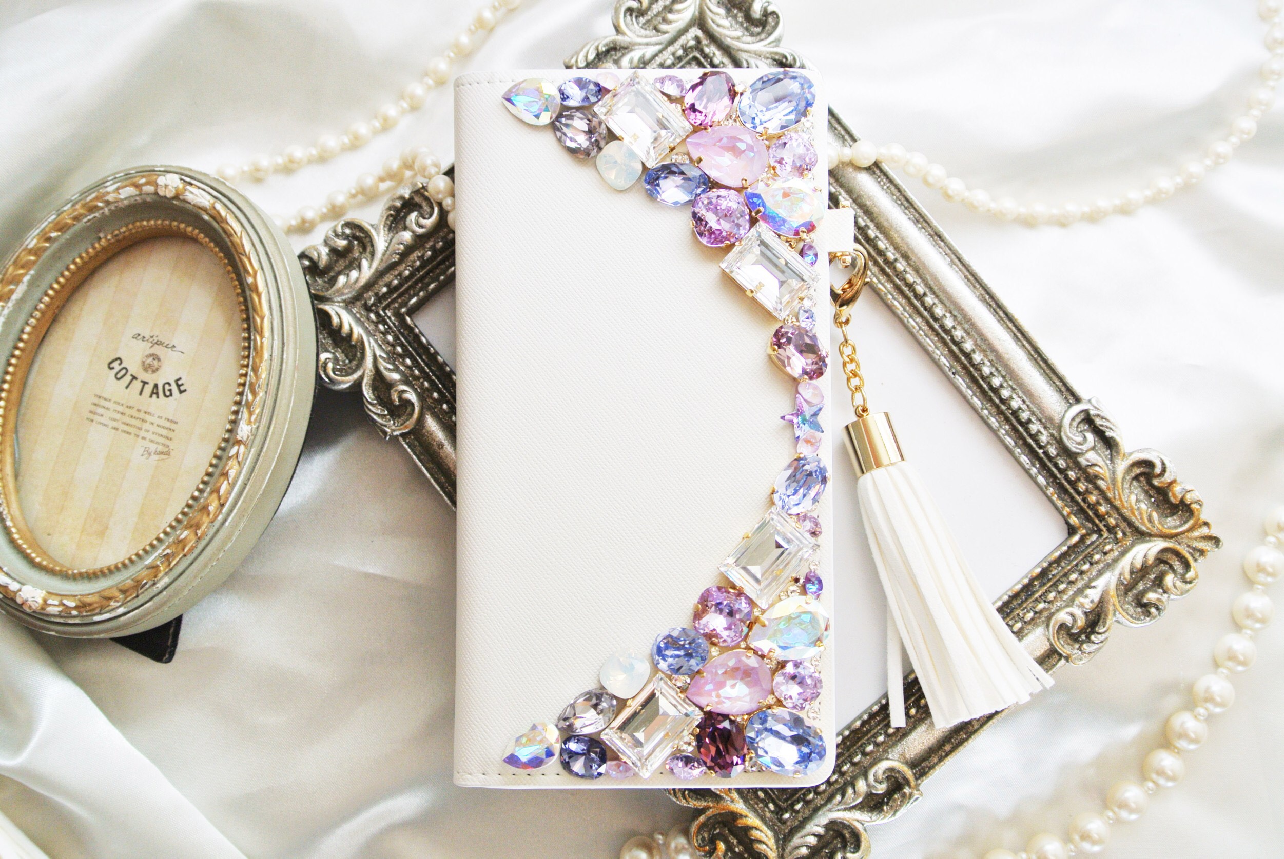 手帳型 iPhone17pro,Max16,15,14他スワロフスキーデコレーションケースパープル系ビジュースマホカバー