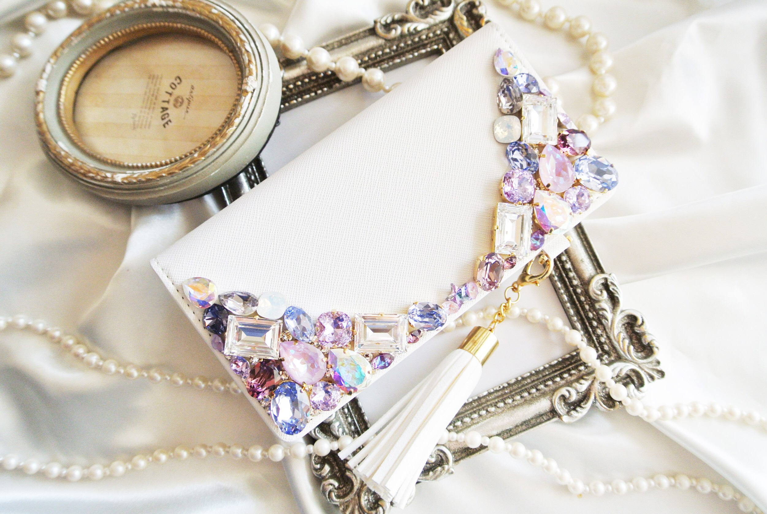 手帳型 iPhone17pro,Max16,15,14他スワロフスキーデコレーションケースパープル系ビジュースマホカバー