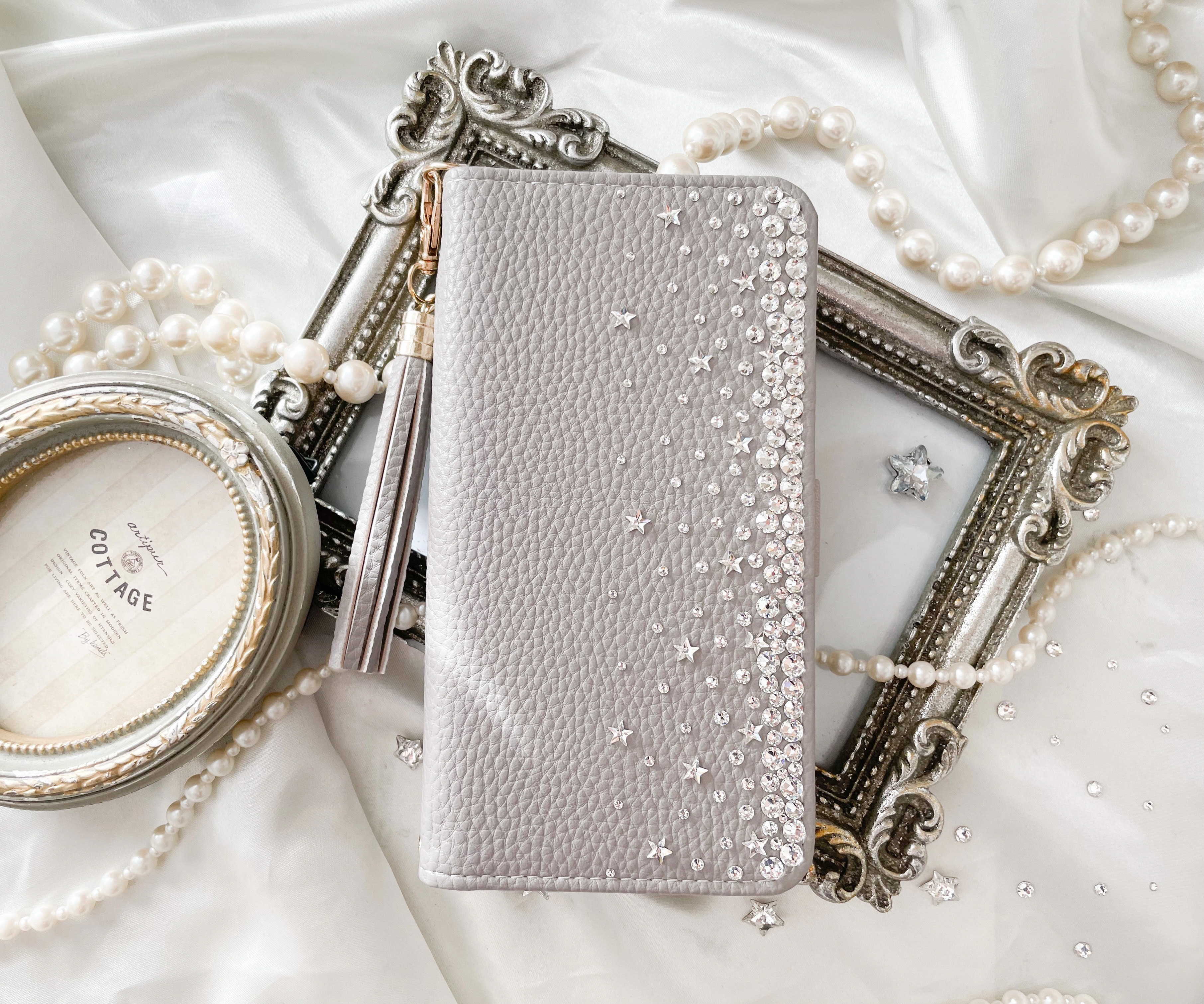 手帳型Phone17pro,16,15他⭐︎星スワロフスキーグレーケース クリスタルデコレーションケースくすみニュアンス