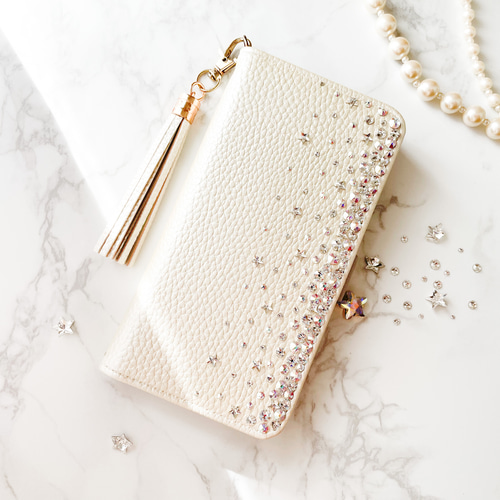 ホワイトゴールド手帳型Phone17pro,Max,16他ケース⭐︎星