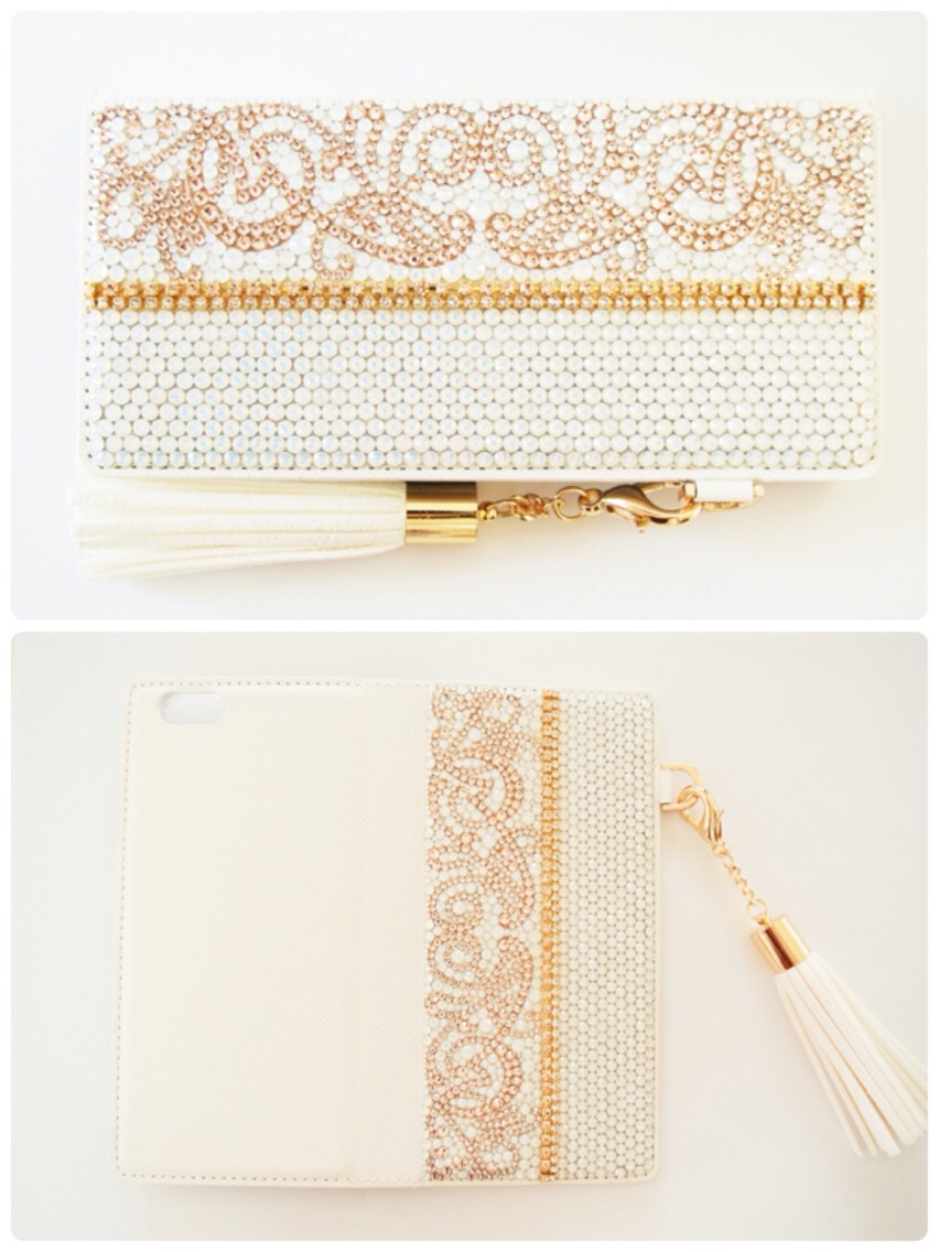 手帳型iPhone17pro,Max,16,15他スワロフスキーラインストーン シルクダマスク アラベスク柄ケースカバー