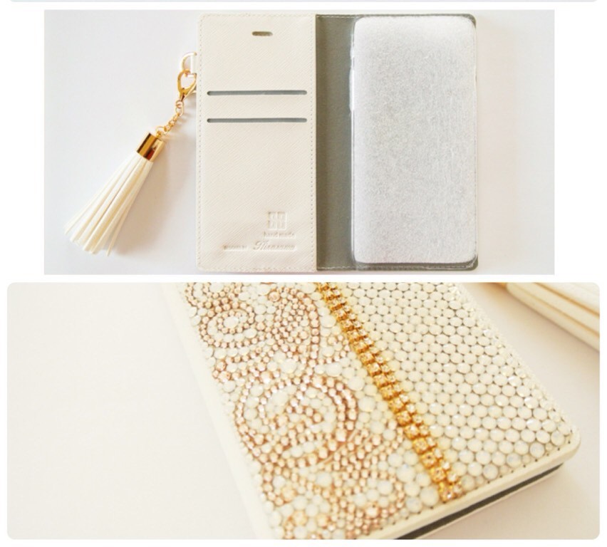 手帳型iPhone17pro,Max,16,15他スワロフスキーラインストーン シルクダマスク アラベスク柄ケースカバー