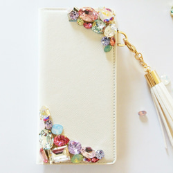 iPhone17pro,16,15,14,13他スワロフスキー手帳型 カバー ビジュー