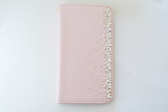 手帳型桜色ピンクiPhone全機種　スワロフスキー クリスタルオーロラ ポイントデコレーション スマホケース 10枚目の画像