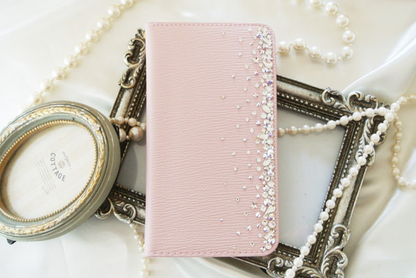 手帳型桜色ピンクiPhone全機種　スワロフスキー クリスタルオーロラ ポイントデコレーション スマホケース 8枚目の画像