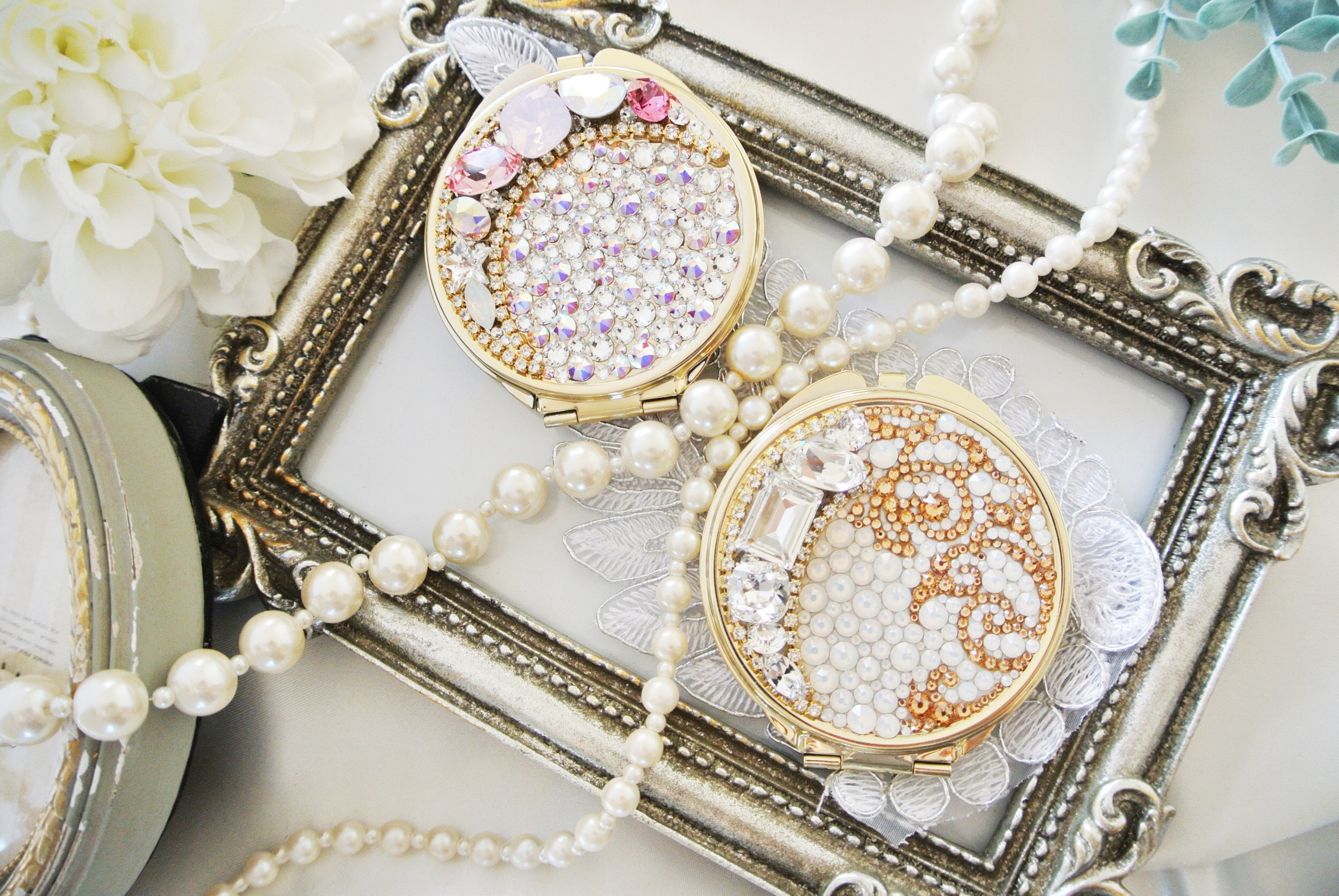 スワロフスキー　オーロラ、ピンク　ラインストーンビジューデコレーションミラー