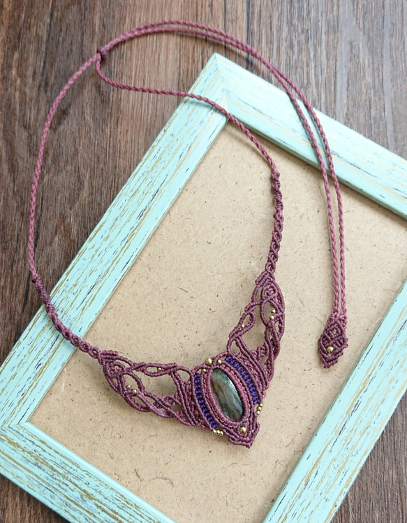 Misssheep-N70-エスニックスタイル2色南米ワックスライン編み真鍮ラブラドライトネックレス/鎖骨チェーン 2枚目の画像