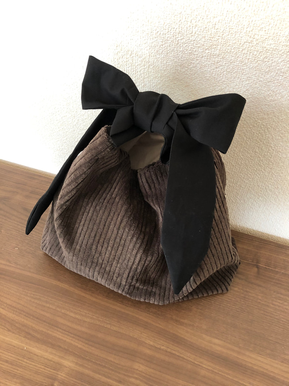 リボン結びbag コーデュロイ カーキ 4枚目の画像