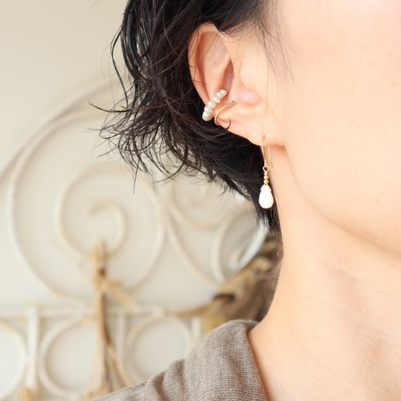 Mother of pearl drop short pierce/earring　（6月誕生石）14KGF 4枚目の画像