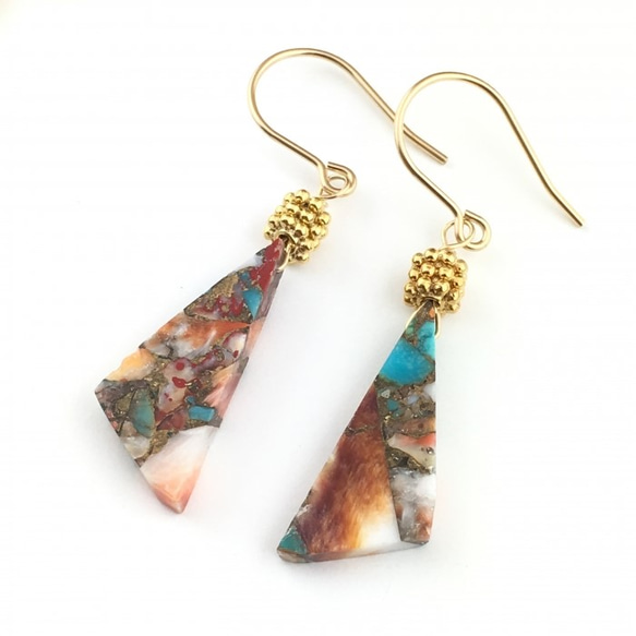 【nemon】Oyster Copper Turquoise triangle pierce/earring 14KGF 4枚目の画像