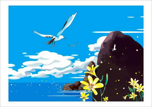 akinko(A4フラワー　イラスト A4シート販売「ゆうすげの咲く海岸」 イラスト kawano