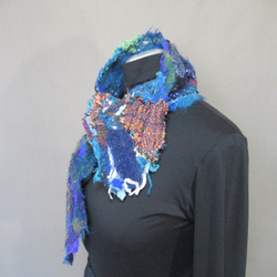 手織り アートマフラー(青）ｓ19-044 6枚目の画像