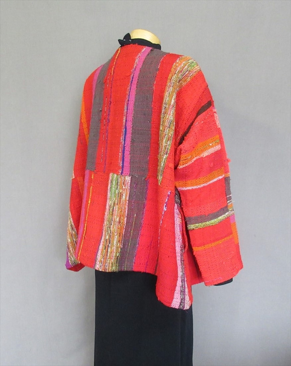 手織り裂き織　赤色半コート S13-144 5枚目の画像