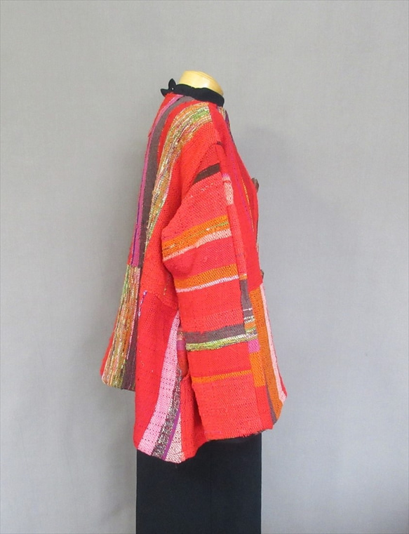 手織り裂き織　赤色半コート S13-144 7枚目の画像