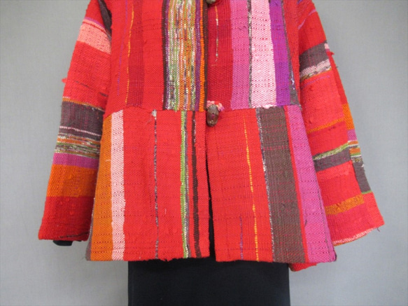 手織り裂き織　赤色半コート S13-144 10枚目の画像