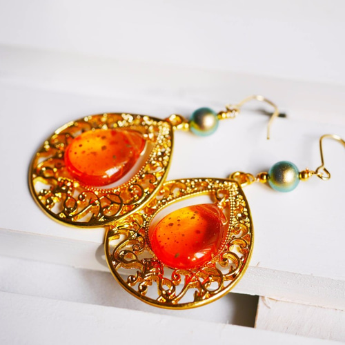 BAEBAE★グリーン・オレンジ系 イヤリング・ピアス グリーン×オレンジのアジアンピアス New ピアス（フック