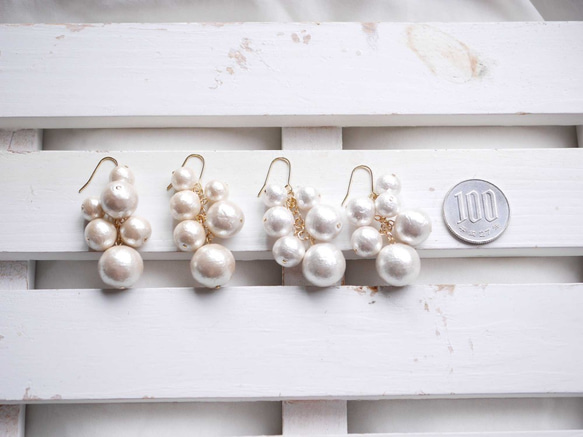 棉質珍珠寬大葡萄吊式耳環/雪白 第5張的照片