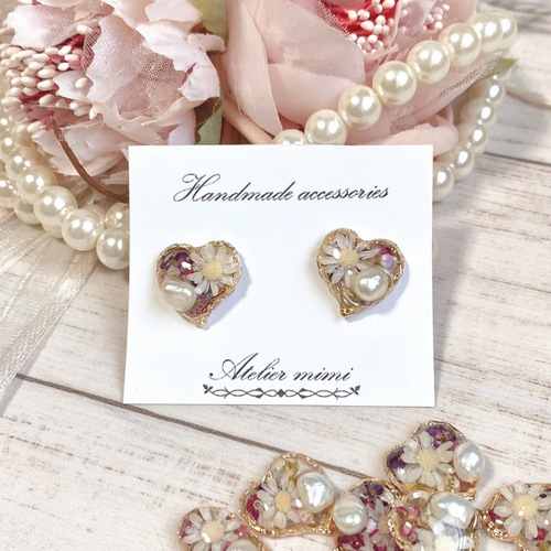 お花と淡水パールのハート ピアス イヤリング（品番2101PK054）ドライ