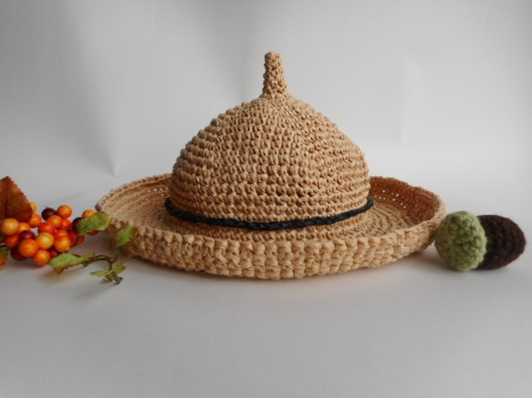 つば広麦わら帽子どんぐり帽子 ベビーキッズ ハンドメイド 帽子(ベビー  