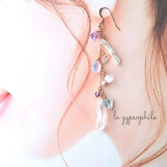 K14gf PK 半貴石  片耳用 ロングピアス Ⅱ  fancy pierced earrings  ピンクゴールド 2枚目の画像