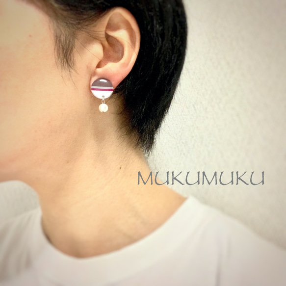 Art Circle（grayish red) + Cotton pearlイヤリング（ピアス）Creema限定 2枚目の画像