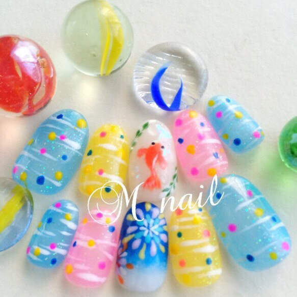 現品】夏祭り☆*ヨーヨーネイル ネイルチップ（つけ爪） ♡M nail 