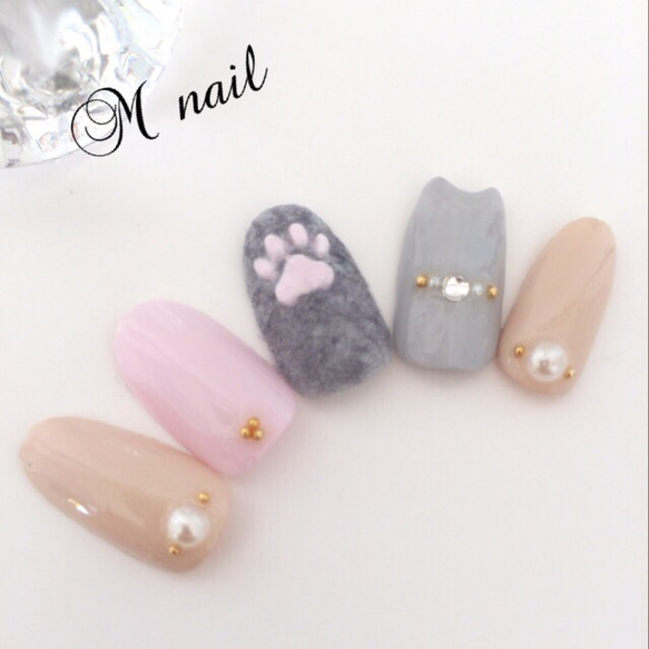 ★送料無料★ネコ耳nail♡〜ぷっくり肉球〜ネイルチップ 1枚目の画像