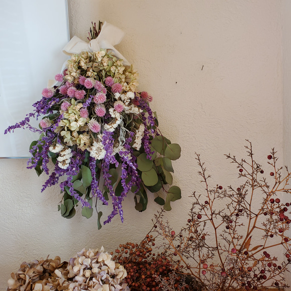 千日紅とアメジストセージのスワッグ ドライフラワー GREEN ROSE