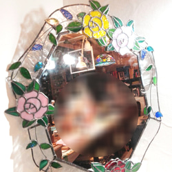 ステンドグラス製 アンティーク調 ローズモチーフのウォールミラー