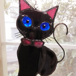 ステンドグラス　黒猫のサンキャッチャー　モビール 1枚目の画像