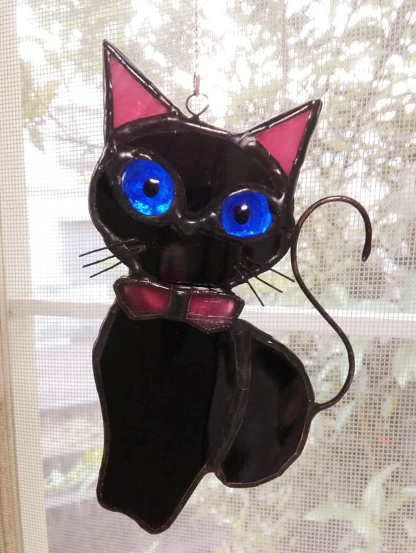 ステンドグラス　黒猫のサンキャッチャー　モビール 1枚目の画像