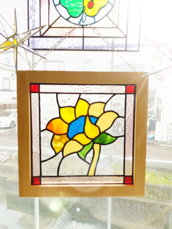 ステンドグラス製ひまわりのサンキャッチャーパネル