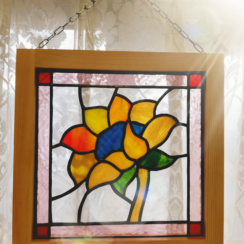 ステンドグラス製 ひまわりのサンキャッチャーパネル モビール ようこ