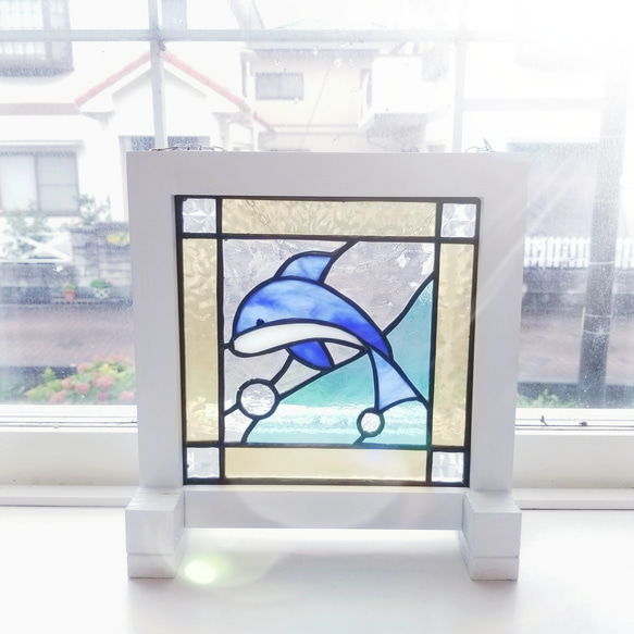 ステンドグラス イルカモチーフのサンキャッチャーパネル イルカの