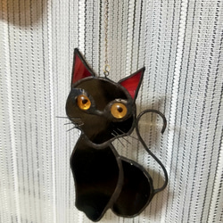 ハロウィンのデコレーションに！　ステンドグラス　黒猫のモビール 2枚目の画像