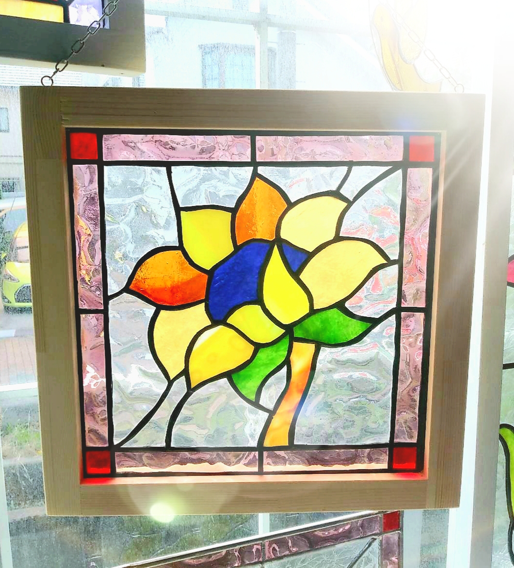 ステンドグラス製　ひまわりのサンキャッチャーパネル