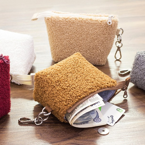 ボアポーチ モコモコ可愛い小銭入れ ミニ財布 エコファー ポーチ 青鹿