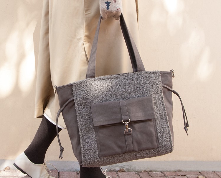 ボアｘ帆布 2WAYトートバッグ｜ファスナー付き｜ショルダー・斜めがけOK【グレー】冬の通勤バッグ｜大容量A4対応・軽量
