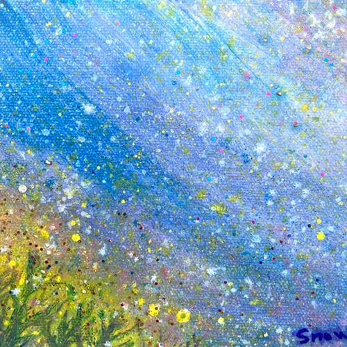 星降る夜の花舞う野原 ヒーリングアート アクリル画 癒しの絵画