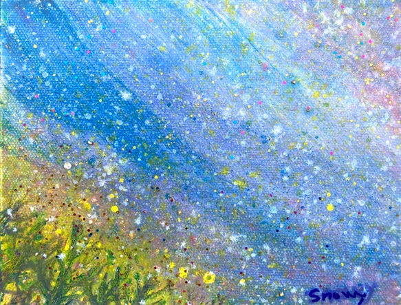 星降る夜の花舞う野原 ヒーリングアート アクリル画 癒しの絵画 